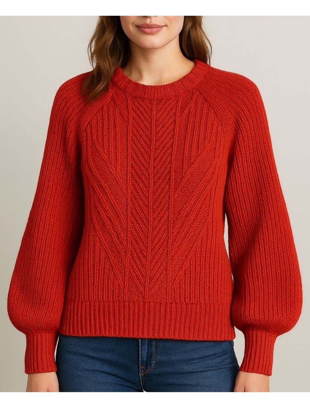 Madewell red balloon sleeve chunky knit high-low sweater